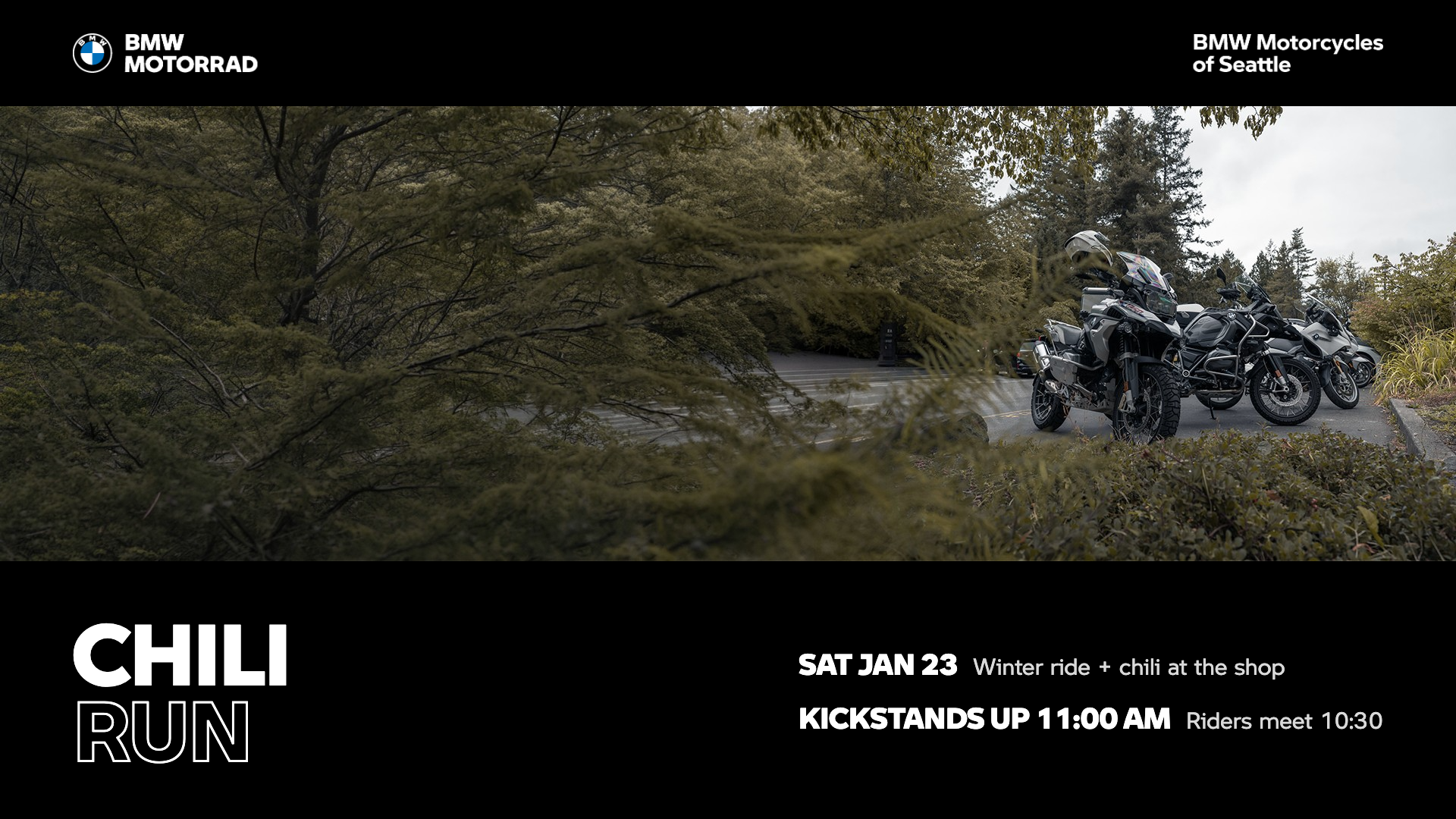 Chili Run winter ride at BMW Motorcycles of Seattle: Sat Jan 23, kickstands up 11:00 AM, riders meet 10:30, chili at the shop