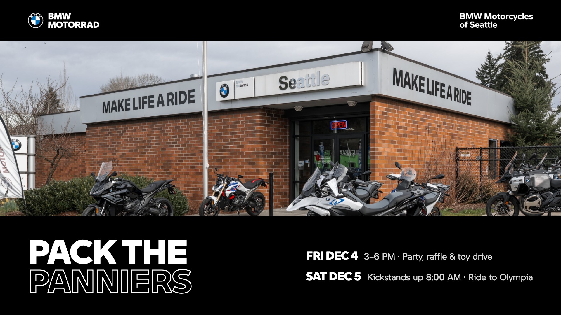 Pack the Panniers Toy Run 2026 at BMW Motorcycles of Seattle: Fri Dec 4 party, raffle and toy drive; Sat Dec 5 group ride to Olympia